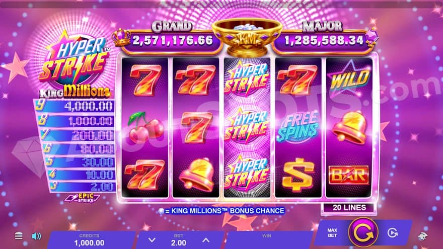 Five casino slot reels on a pink background.
