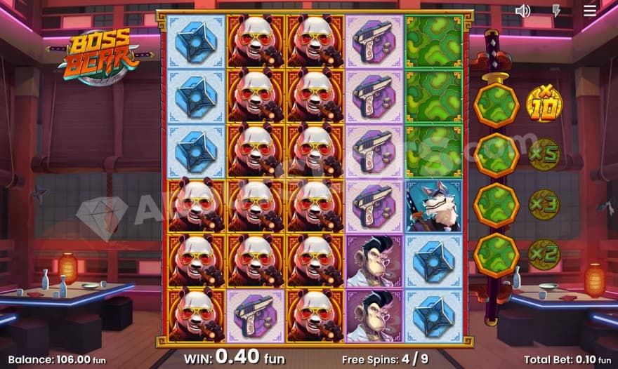 Free Spins bonus game with a big win of panda symbols.