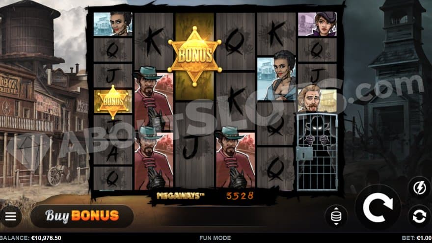 Six reels with sheriff badges and characters in a deserted Western town.