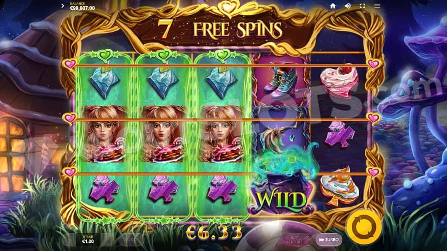 A win with the first three reels showing the same symbols because of the Sibling Reels feature. 