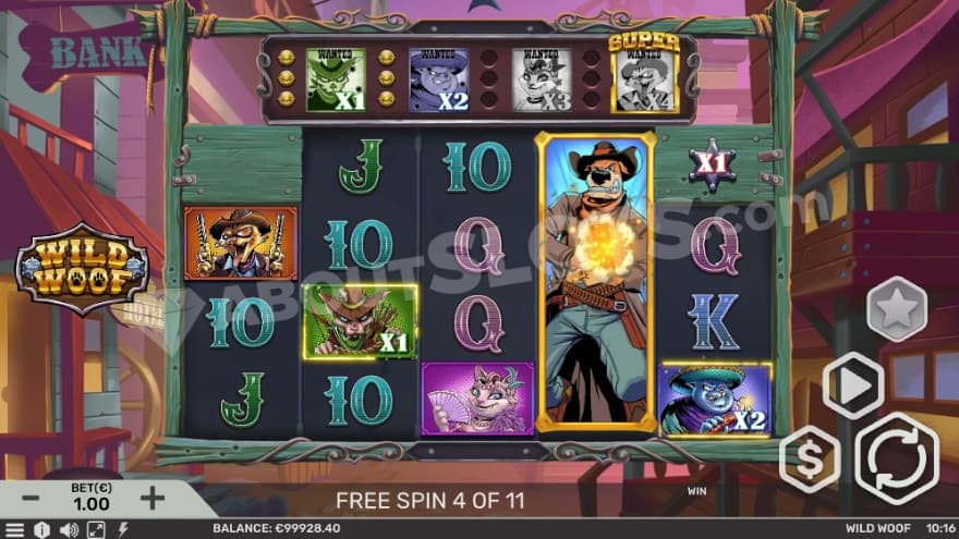 Free Spins bonus game with one unlocked wanted symbol. 