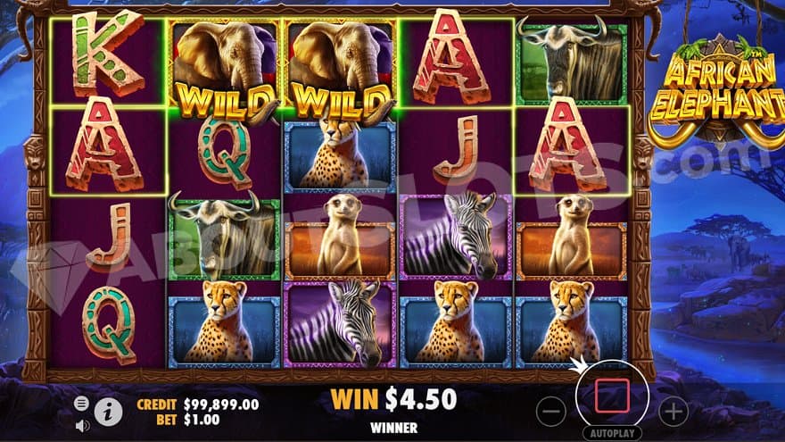 Two wild elephants on reels 2 and 3 help to create a win in the free spins.