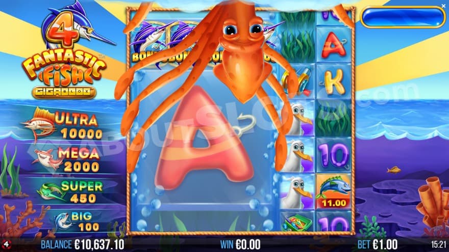 Giant Squid Bonus where a huge, orange squid is covering the reels.