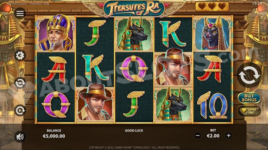 An Egyptian environment with Ra statues on both sides of the reels.