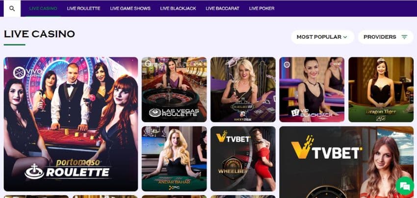 Live casino games’ page, showing roulette