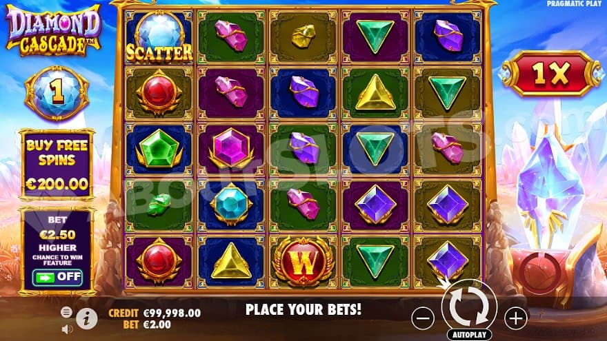 Five casino slot reels in a nature landscape with gigantic diamonds.