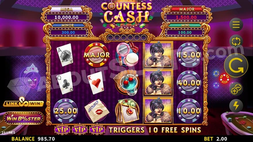 A purple velvet background with playing cards and other symbols on the five reels.