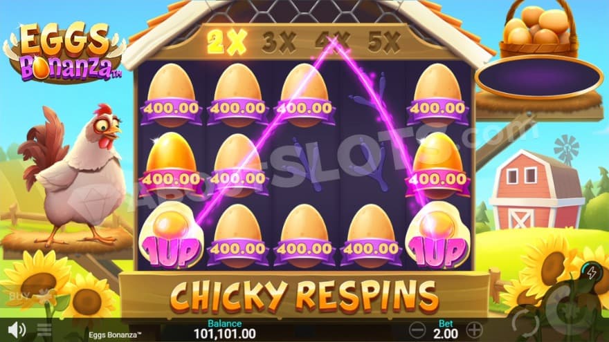 Chicken Respins feature with 2 golden eggs on the reels.