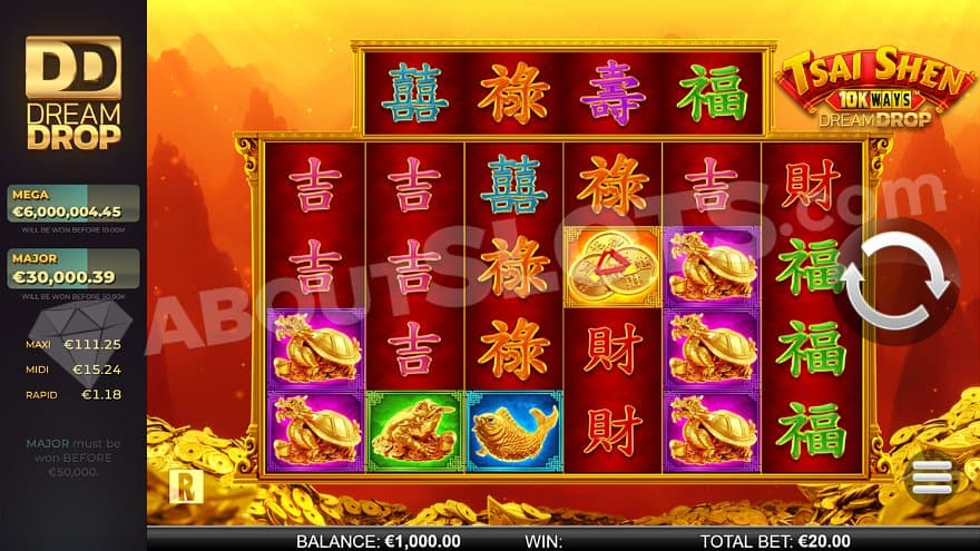 Six reels in a mystic landscape with the Dream Drop Jackpots to the left.