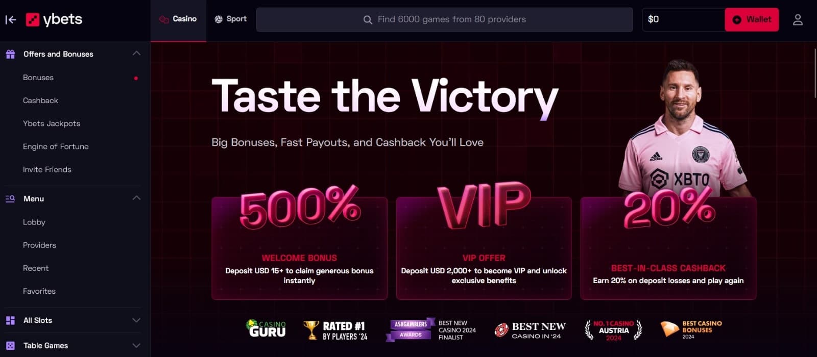 The landing page at Ybet Casino featuring the welcome bonus, VIP bonus offer, cashback offer under promotional image of footballer Messi