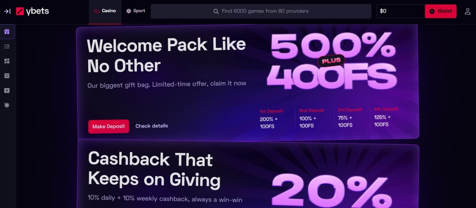 Ybets Casino's promotions page listing the 500% welcome bonus and cashback offer over purple and dark blue background