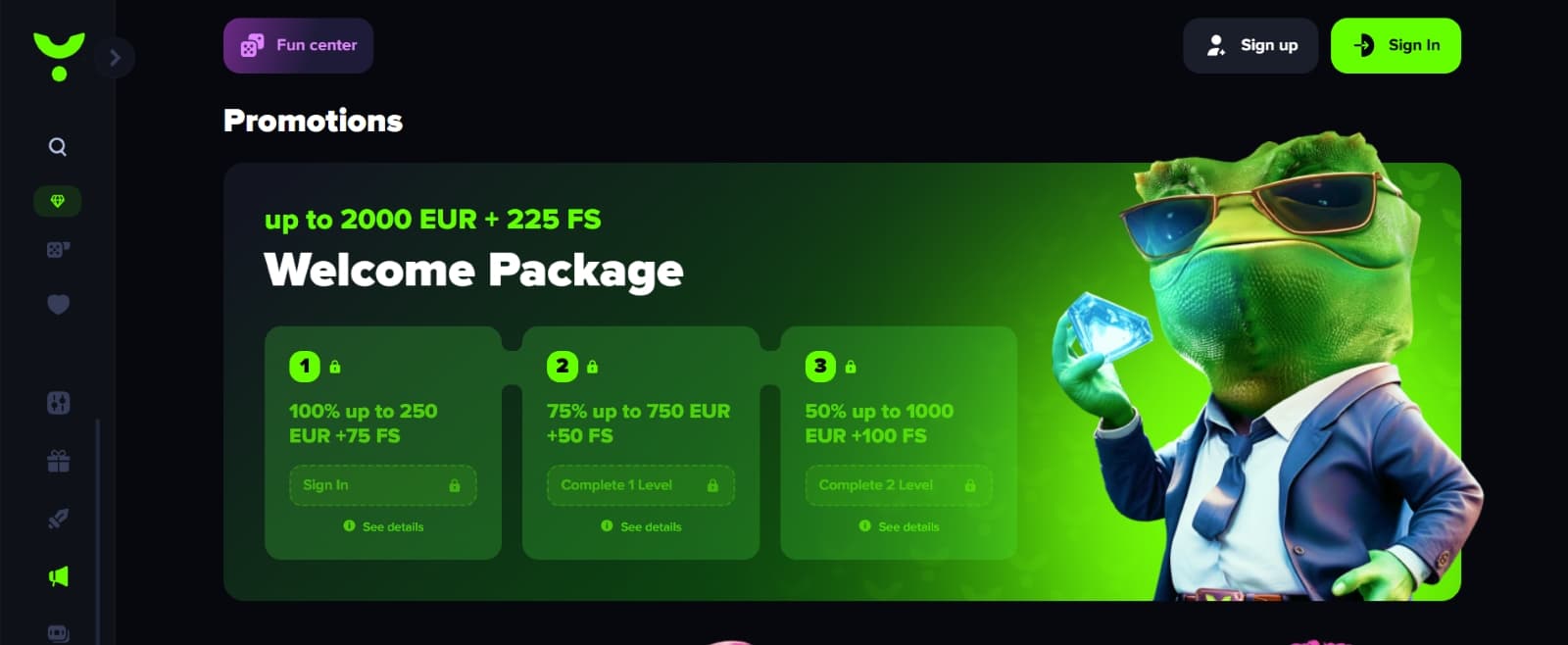 Yoju Casino promotions page with three part welcome bonus with image of gecko with diamond in hand