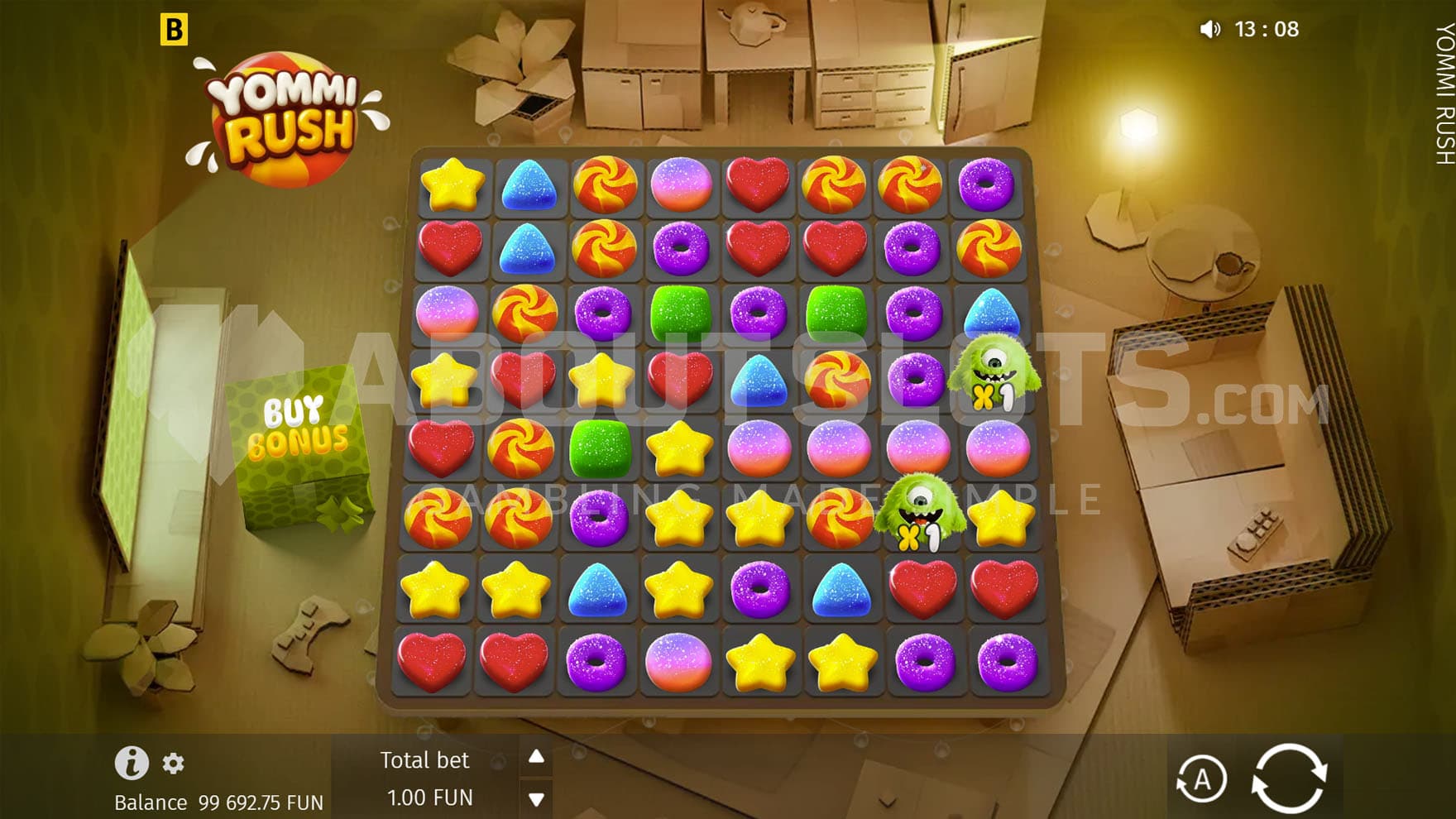 Base Game view of a 8x8 grid on a backdrop of a room filled with furniture made of cardboard.