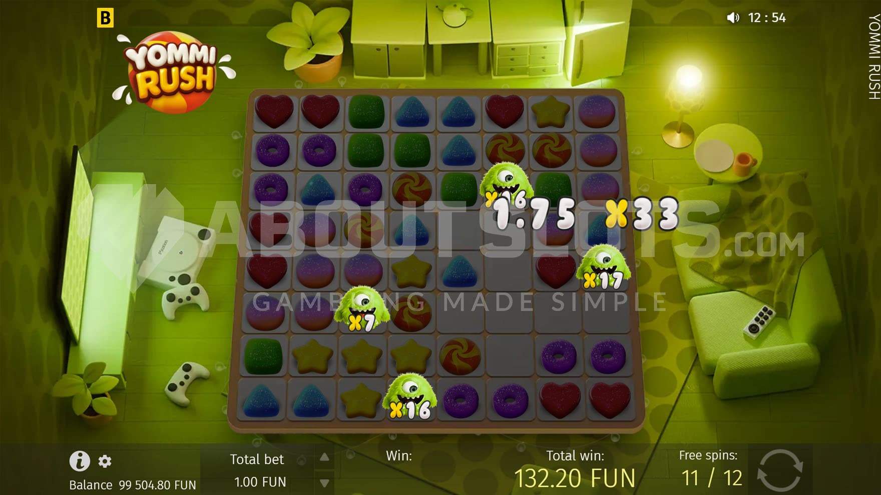 Bonus Game, showing 4 Yommi Multiplier Wilds with different values on the grid.