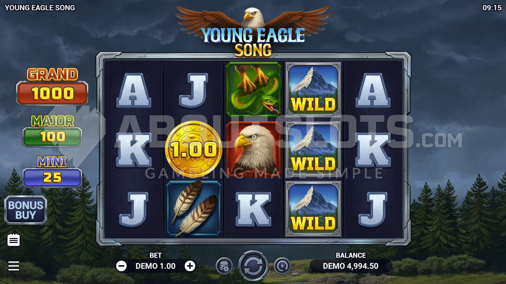 Base Game view of a 5x3 grid on a backdrop of a natural landscape during a storm.