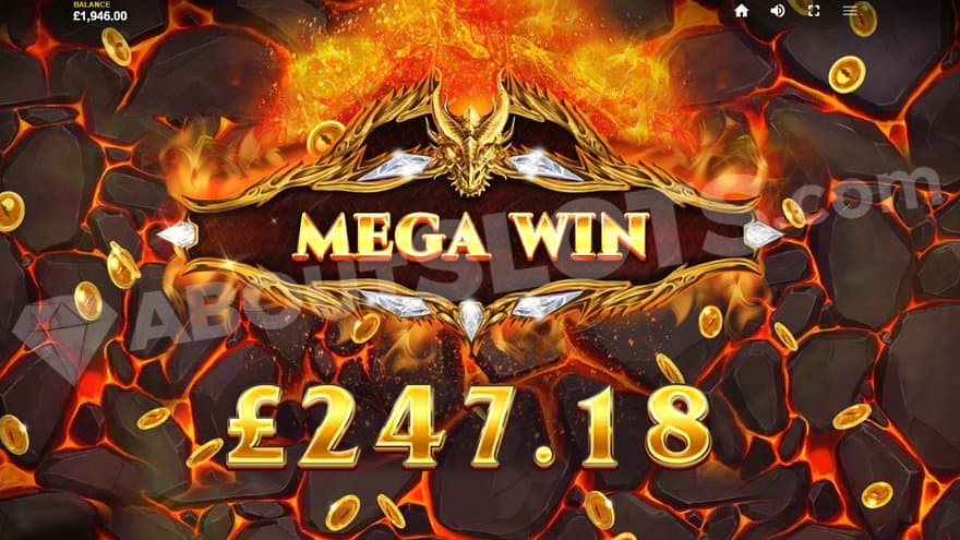 A golden dragon on top of a fire with the text "Mega Win, £247.18." 