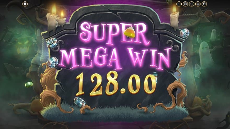 A gravestone with the text: "Super Mega Win 128.00."