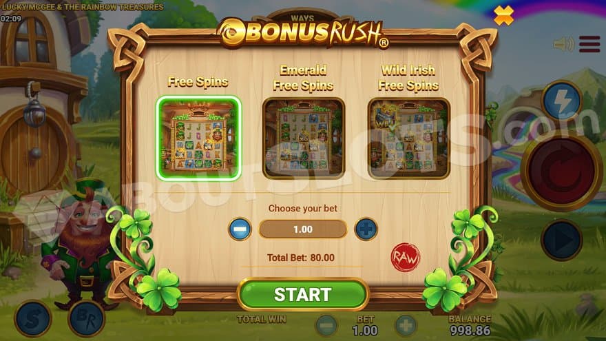 A menu offering Free Spins, Emerald Spins, and Wild Irish Free Spins for different costs.