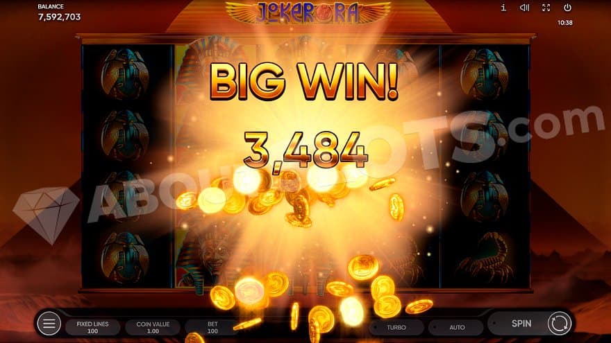 Coins flying from the screen towards the player and a text saying "Big Win 3,484."