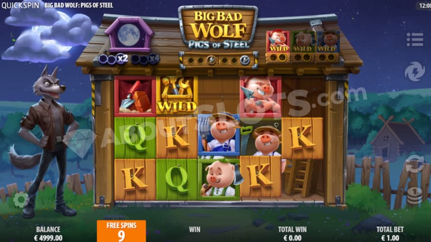 Bonus game where you can see the big bad wolf to the left of the reels.