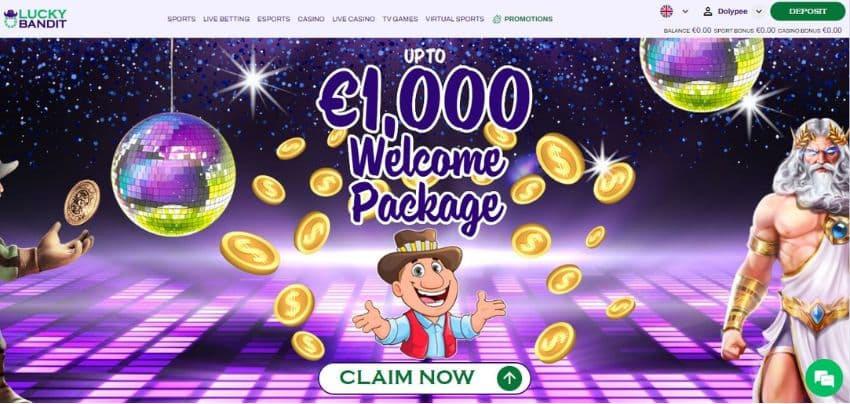 The homepage features a happy avatar flanked by Zeus, and a €1000 welcome bonus is displayed at the centre. 