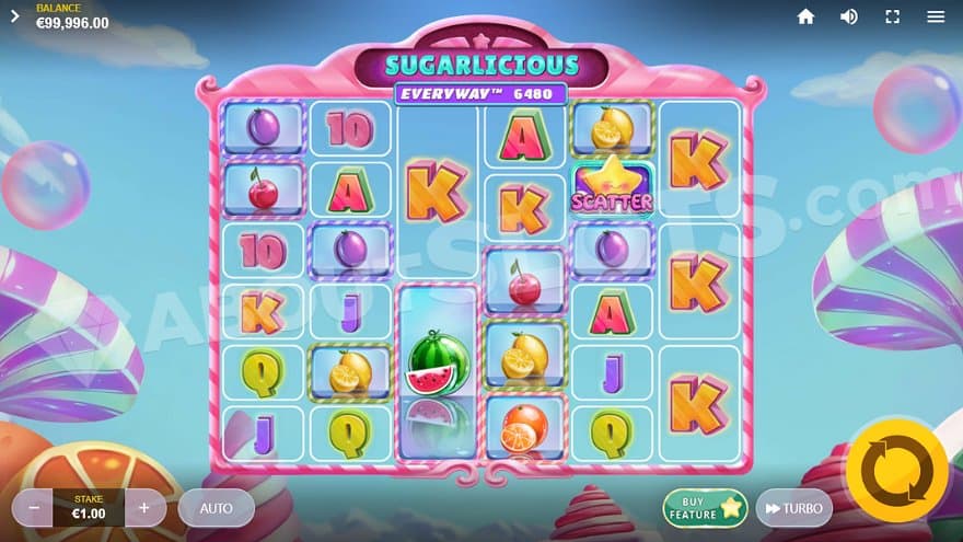 Six reels with different number of symbols in a Candyland. 