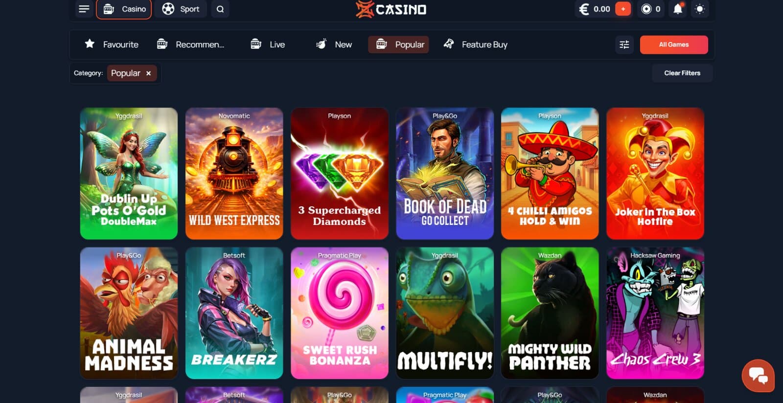 Zen Casino's games page featuring the slot icons under the main tab categories and search options