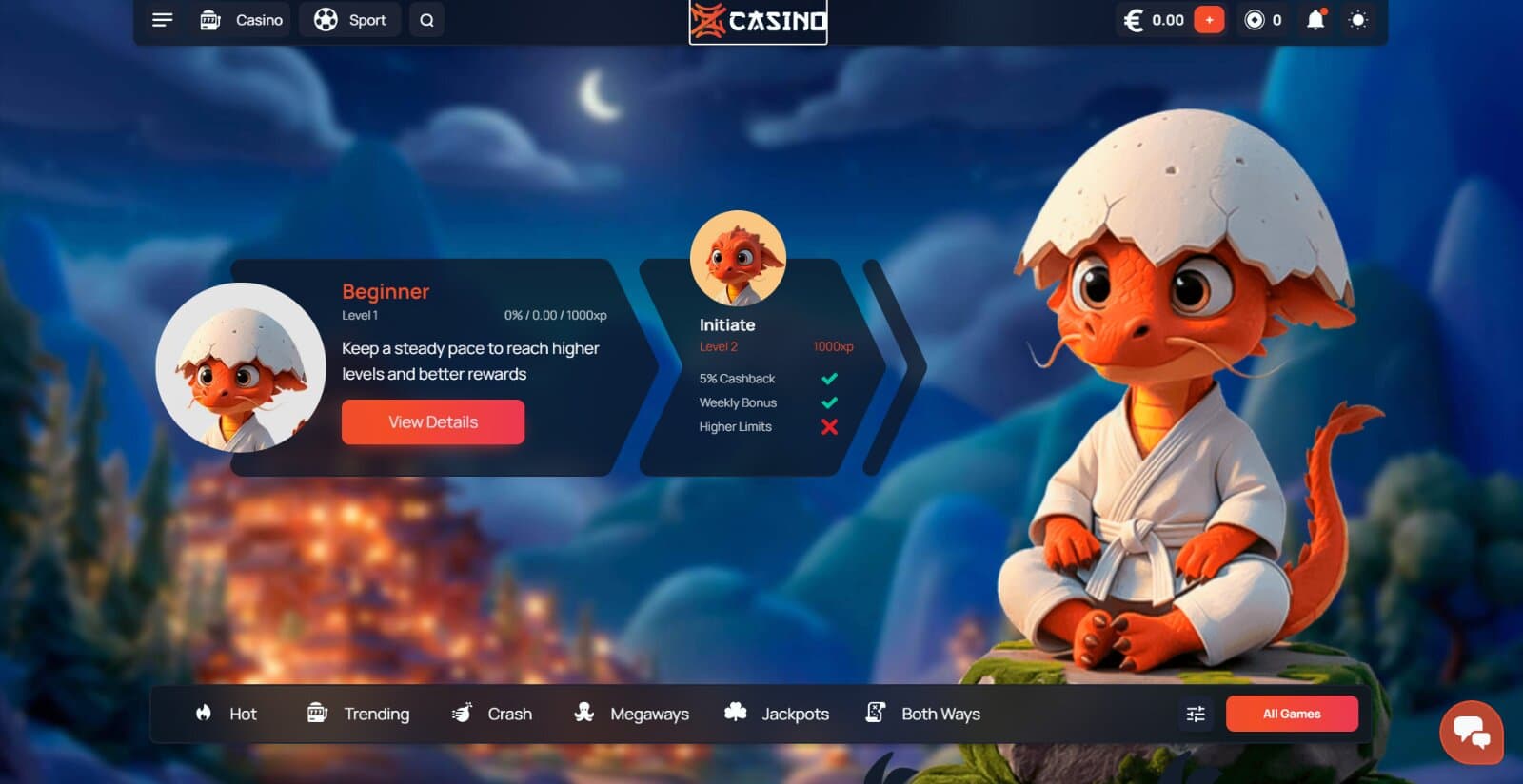 Zen Casino's Landing page featuring the first level of the loyalty program with baby Chinese Dragon image and first level bonuses and rewards