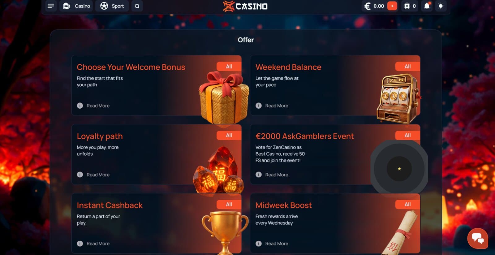 Zen Casino's promotions page featuring the welcome bonus, weekly bonuses, loyalty, and lottery campaigns