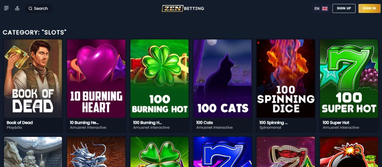ZenBetting Casino's slot games category, showing titles like Book of Dead and other exciting games.