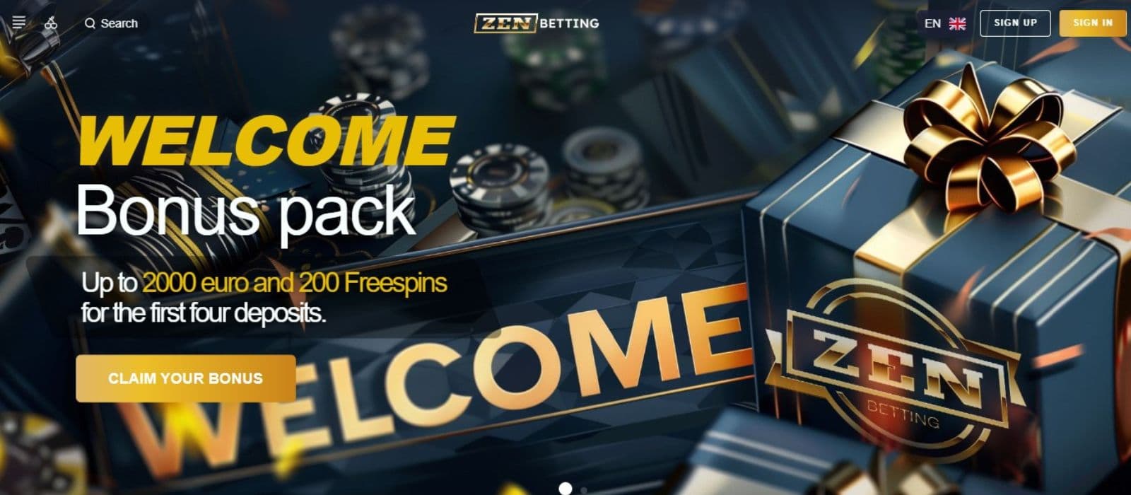 ZenBetting Casino's homepage, showing the welcome bonus package worth up to €2,000 plus 200 free spins.