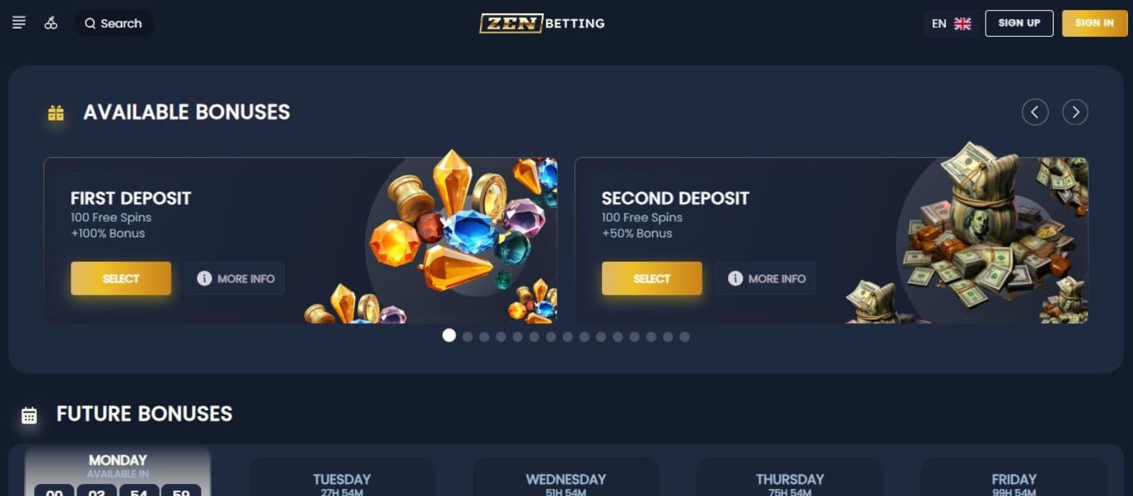 ZenBetting Casino's promotions page, showing the 1st and 2nd deposit bonuses. 
