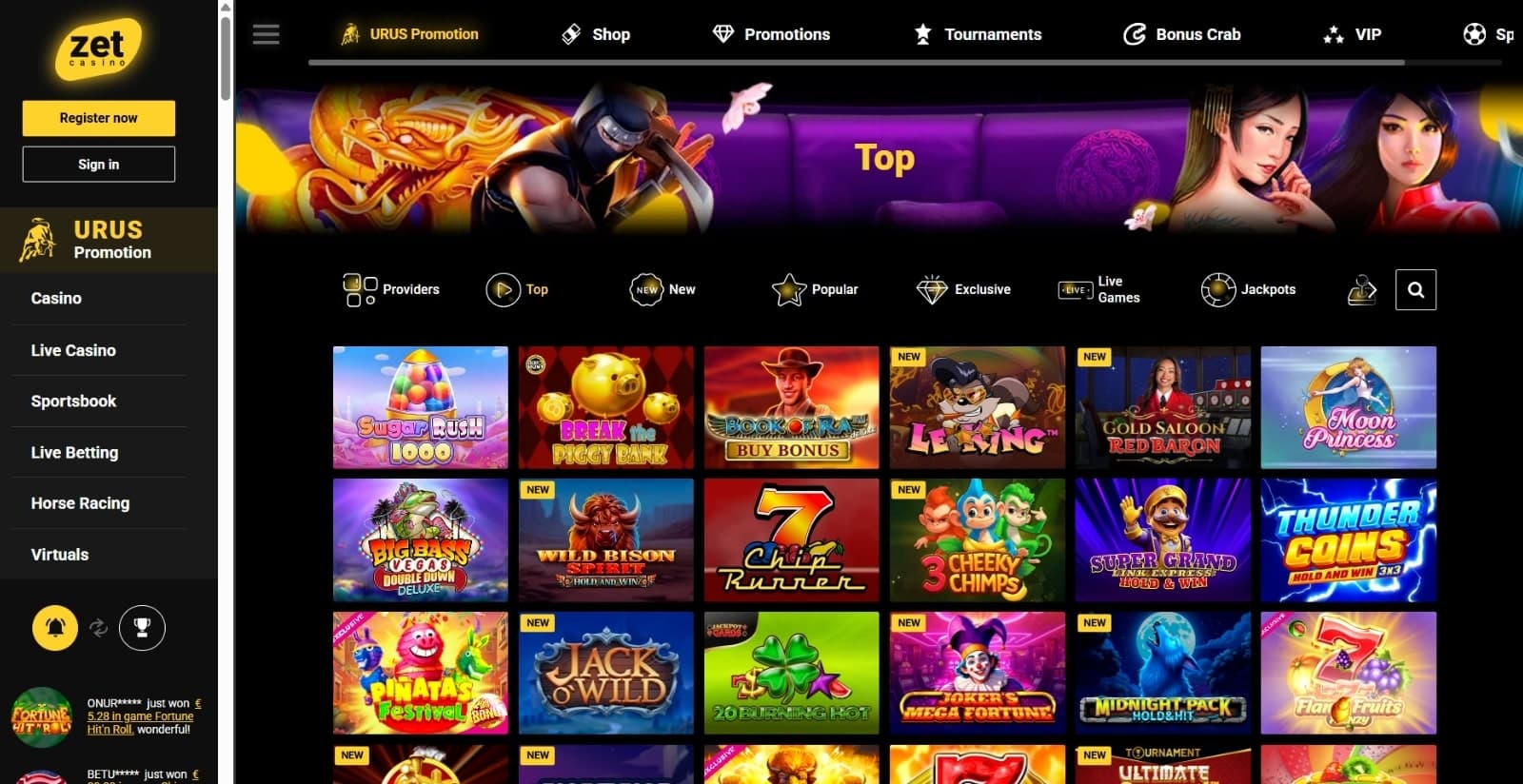 ZetCasino's games page featuring the new, top, exclusive, live, and jackpot games with side menu