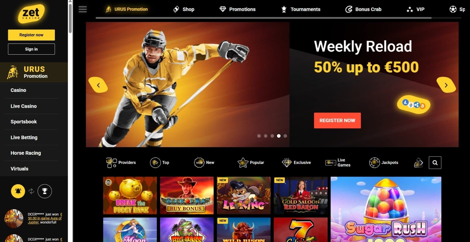 ZetCasino's landing page featuring the weekly reload bonus banner of 500 euros with image of hockey player above selection of featured slots