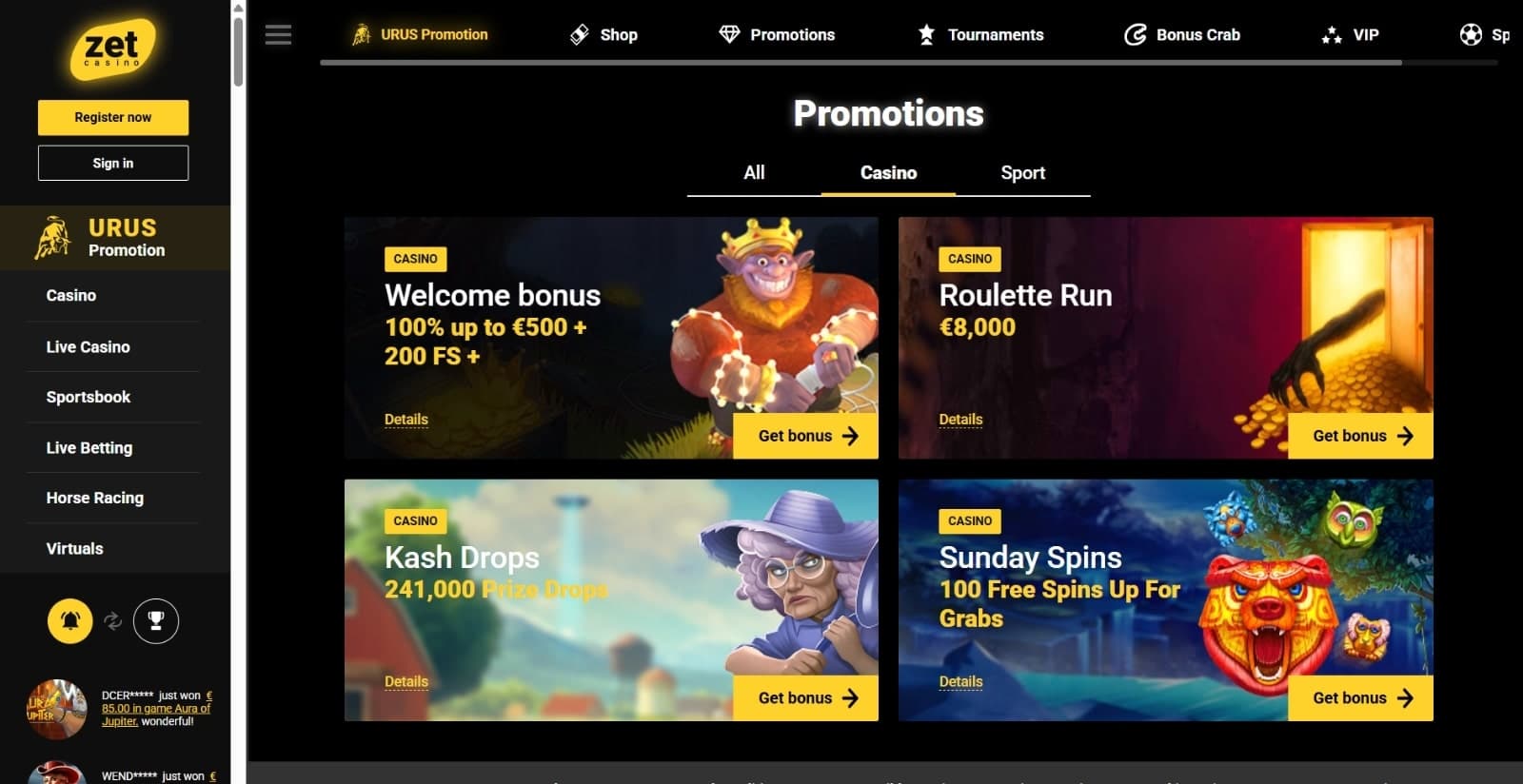 ZetCasino's promotions page featuring the welcome bonus, kash drops, sunday free spins, roulette run