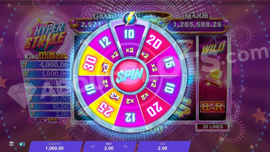 A wheel with 10 segments ranging from 10 spins with a 2x multiplier to 30 spins with a 3x multiplier.