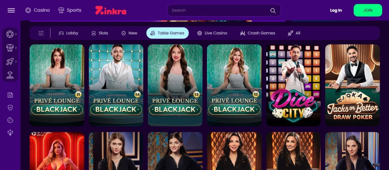 Zinkra Casino's table games category, showing variations of blackjack and poker.