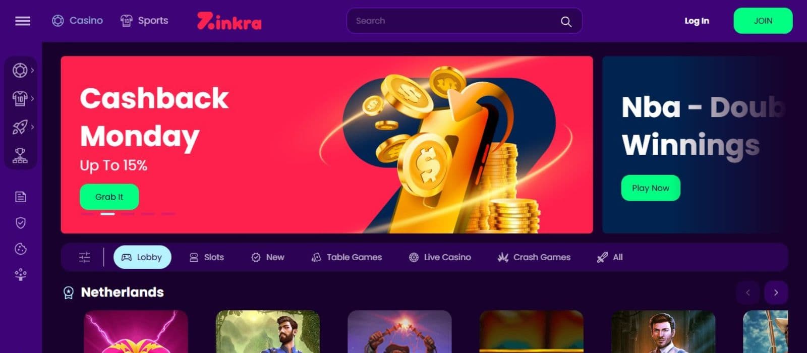Zinkra Casino's homepage, showing the 15% weekly cashback banner.