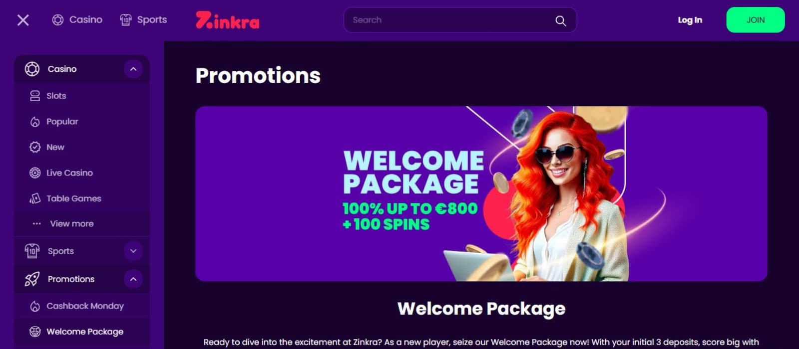 Zinkra Casino's promotion page, showing the welcome package worth a 100% bonus of up to €800 plus 100 free spins.