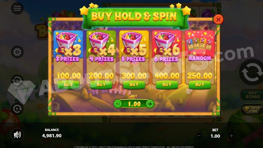 Five buttons to buy the bonus feature ranging from 100X to 400X the bet.