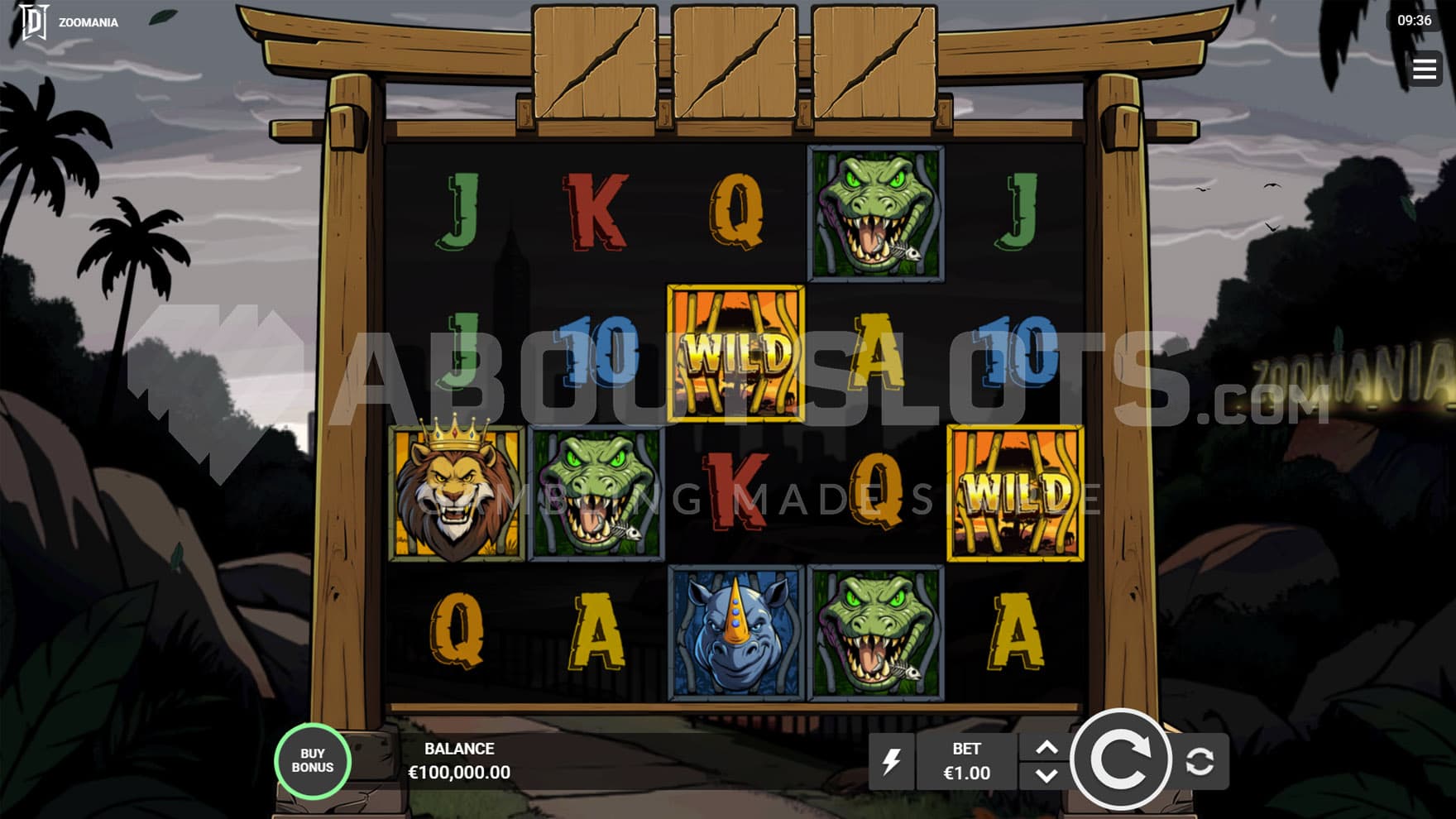 Base Game view of a 5x4 grid on a backdrop of a natural landscape with a city in the distance.