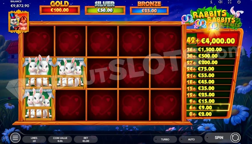 Three cradles with rabbit babies on the bonus game's reels.