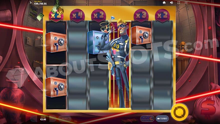 A respins feature with a stacked Heist Master Symbol on the fourth reel.
