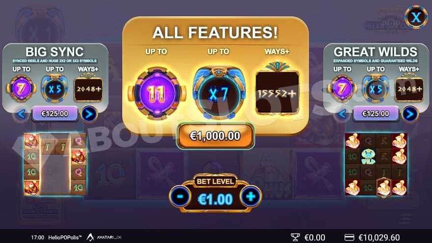 A table showing the different versions of the free spins feature that the player can purchase. 