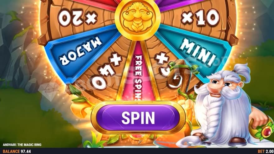 Magic Wheel where Andvari is standing to the right of the wheel.