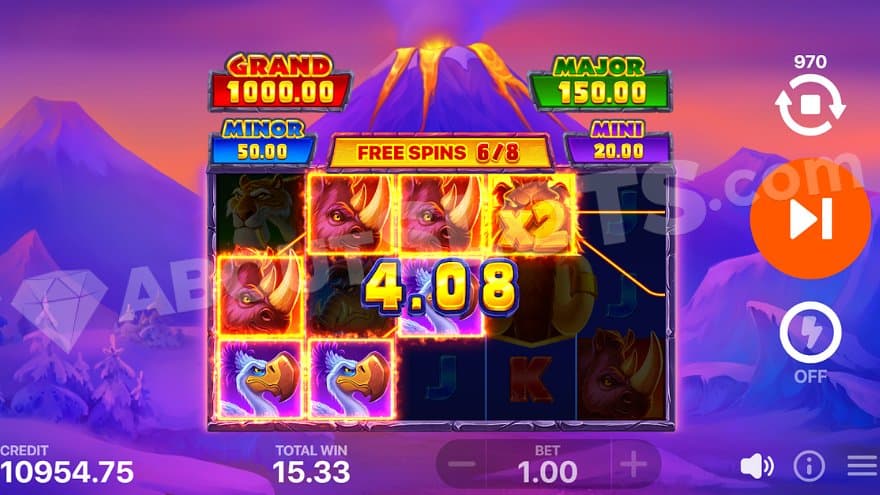 A win containing rhinos, birds, and a 2X wild mammoth on the sixth free spin of eight.