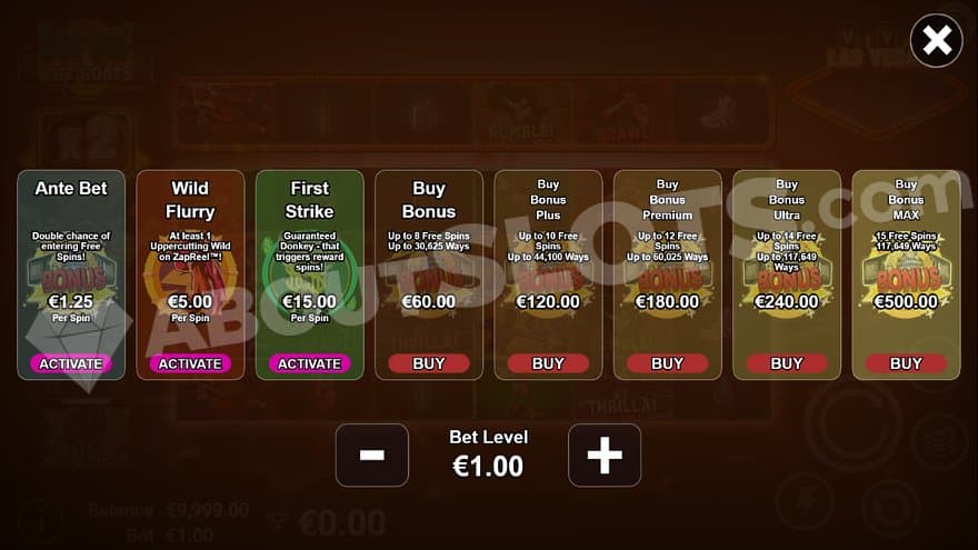 A menu offering Ante bet, other features, and five versions of the Free Spins.