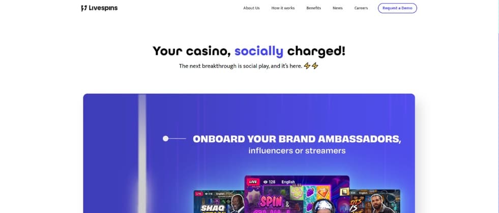 An image of Livespins homepage, stating "Your casino, socially charged!"