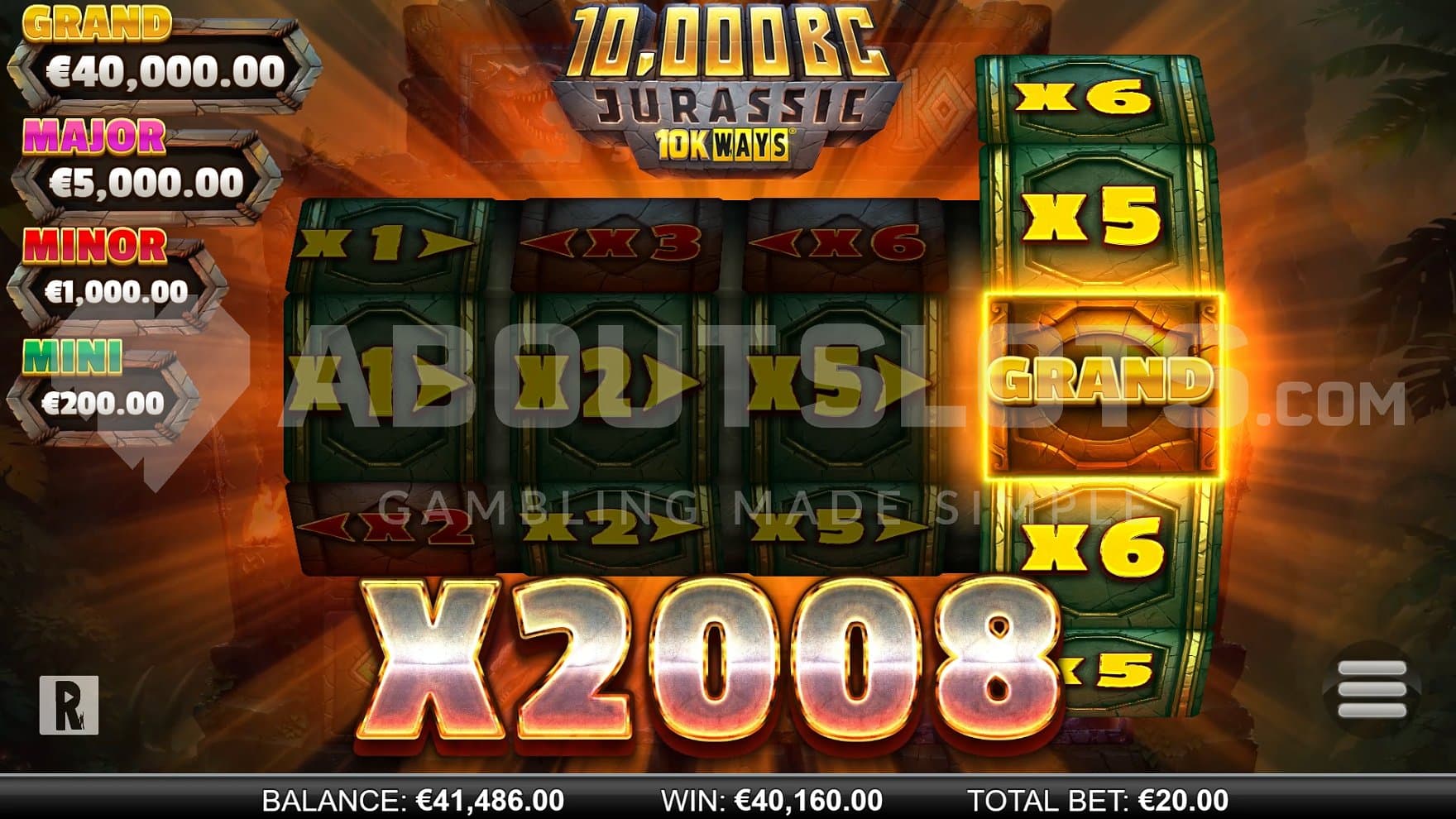A win of the Grand Jackpot of 2,000X the bet.