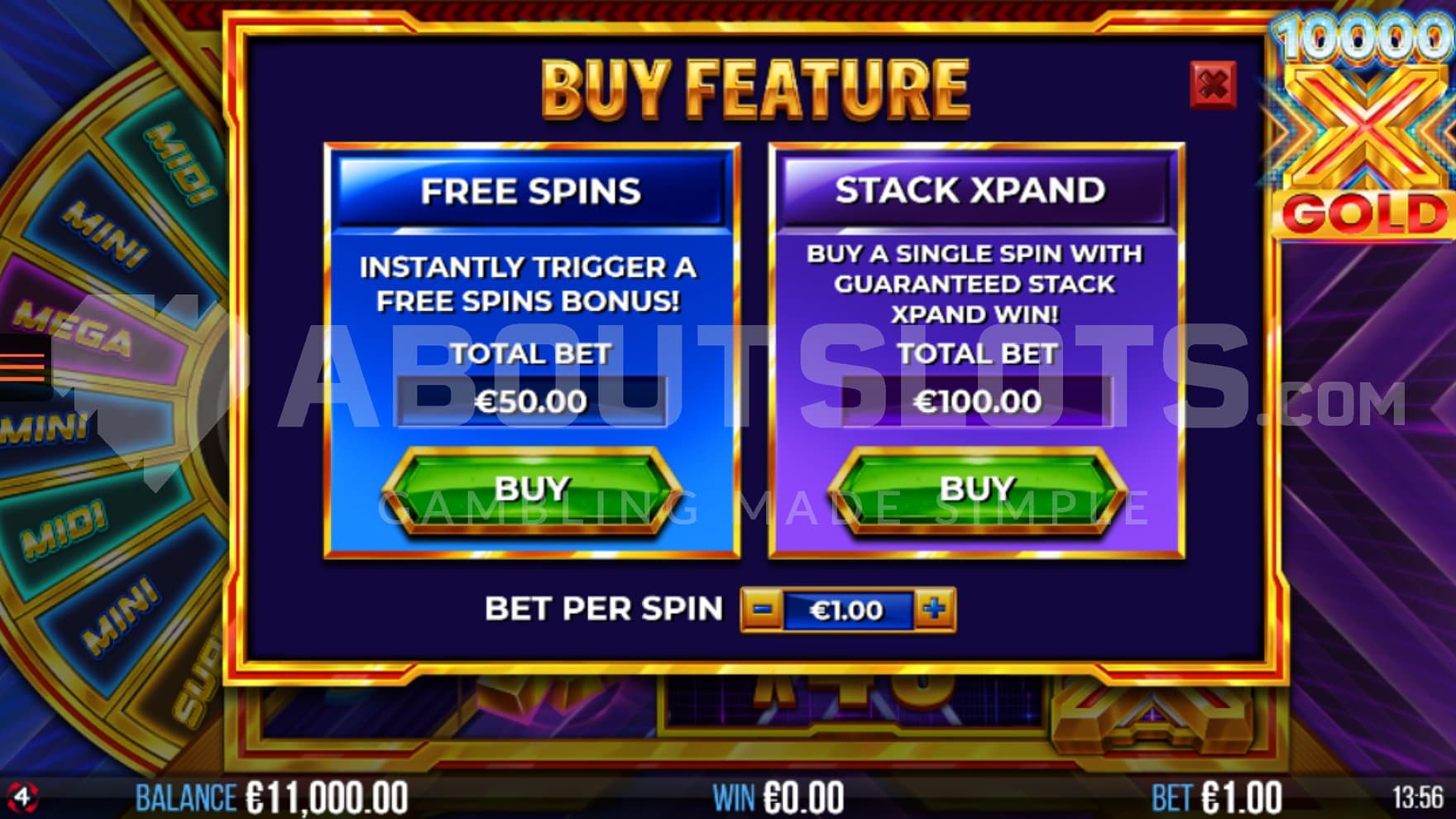 A screen offering the Free Spins for 50x the bet and the Stack Xpand Feature for 100x the bet.